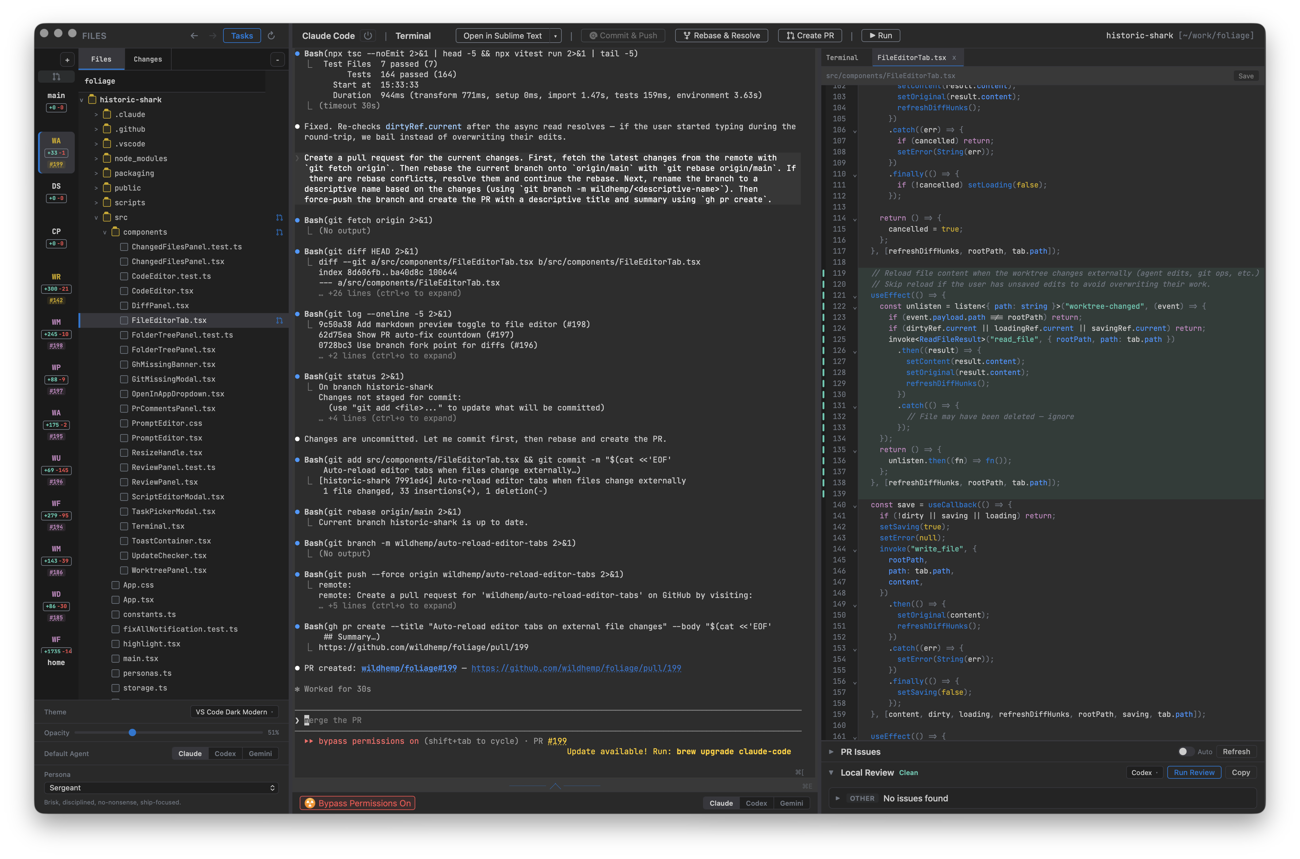 Foliage - agent terminal running PR creation with worktree sidebar and diff view