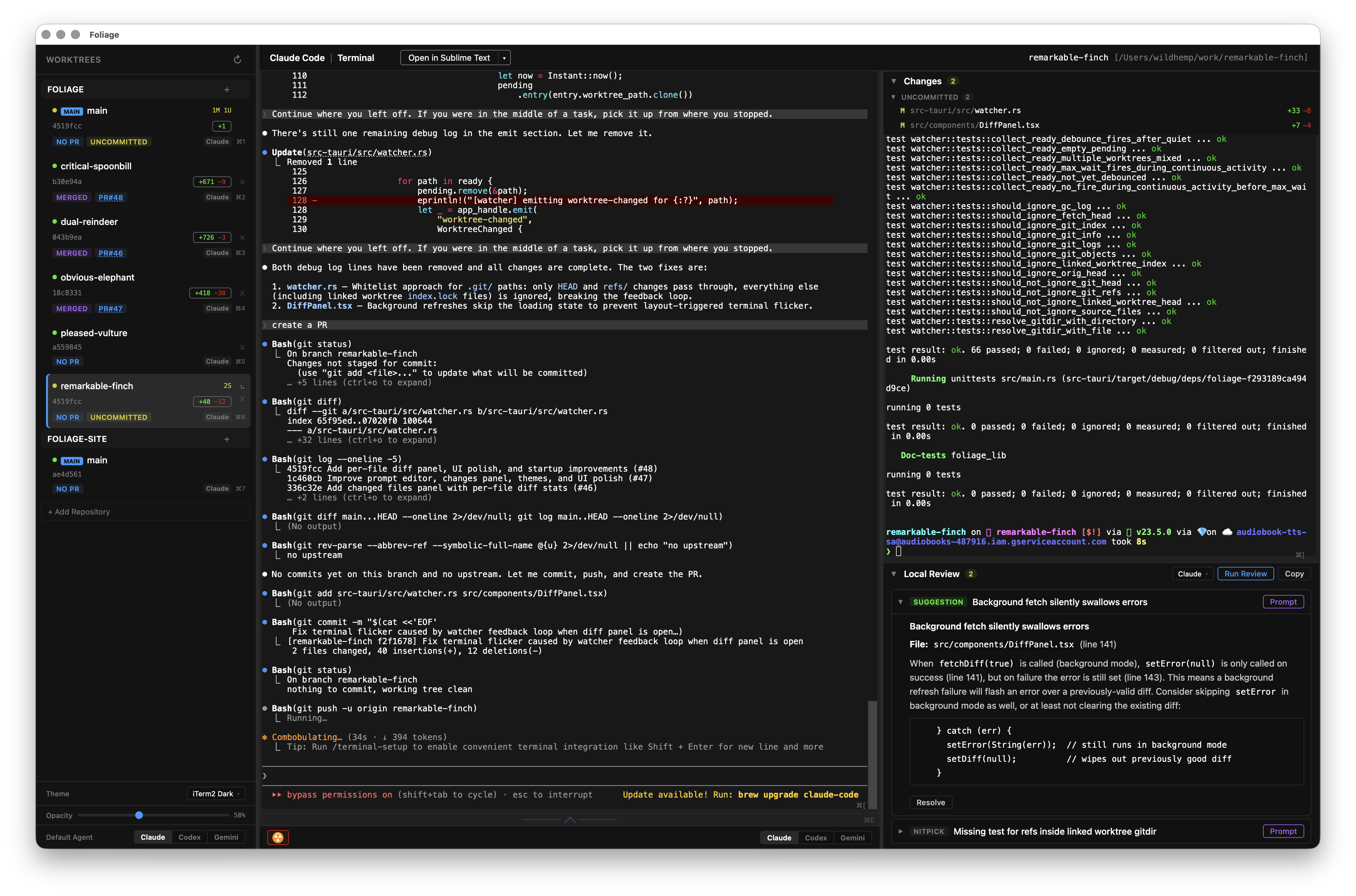 Foliage - worktree view with agent terminal, user terminal, and changes panel