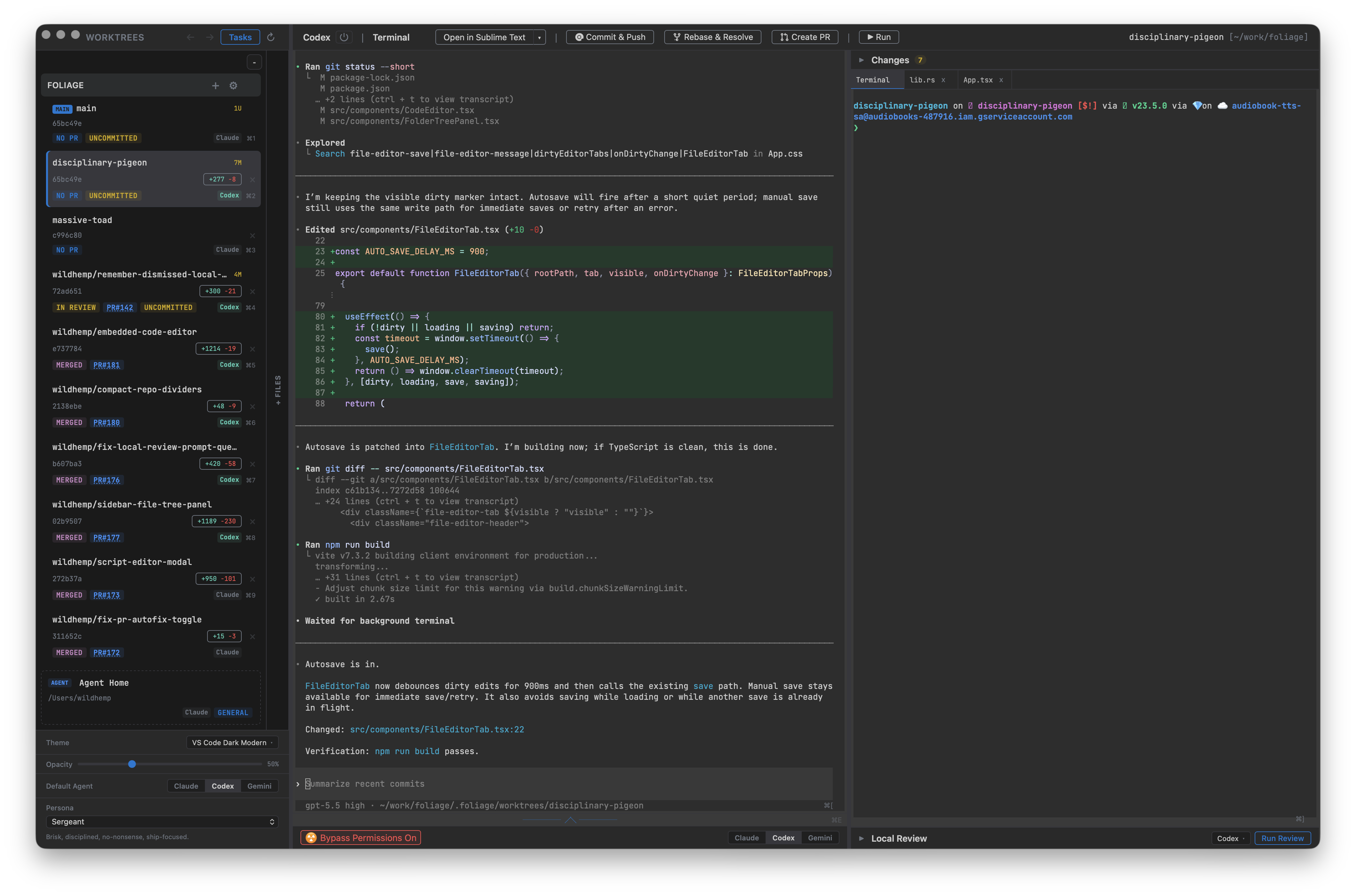 Foliage - workspace diff view showing changes side by side